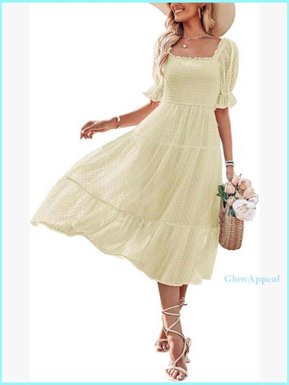 Summer Square Neck Puff Sleeve Midi Dress Ruffle Flowy Tie Back